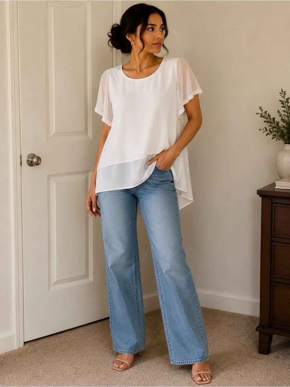Dana Buchman White Layered Chiffon Sleeve Top